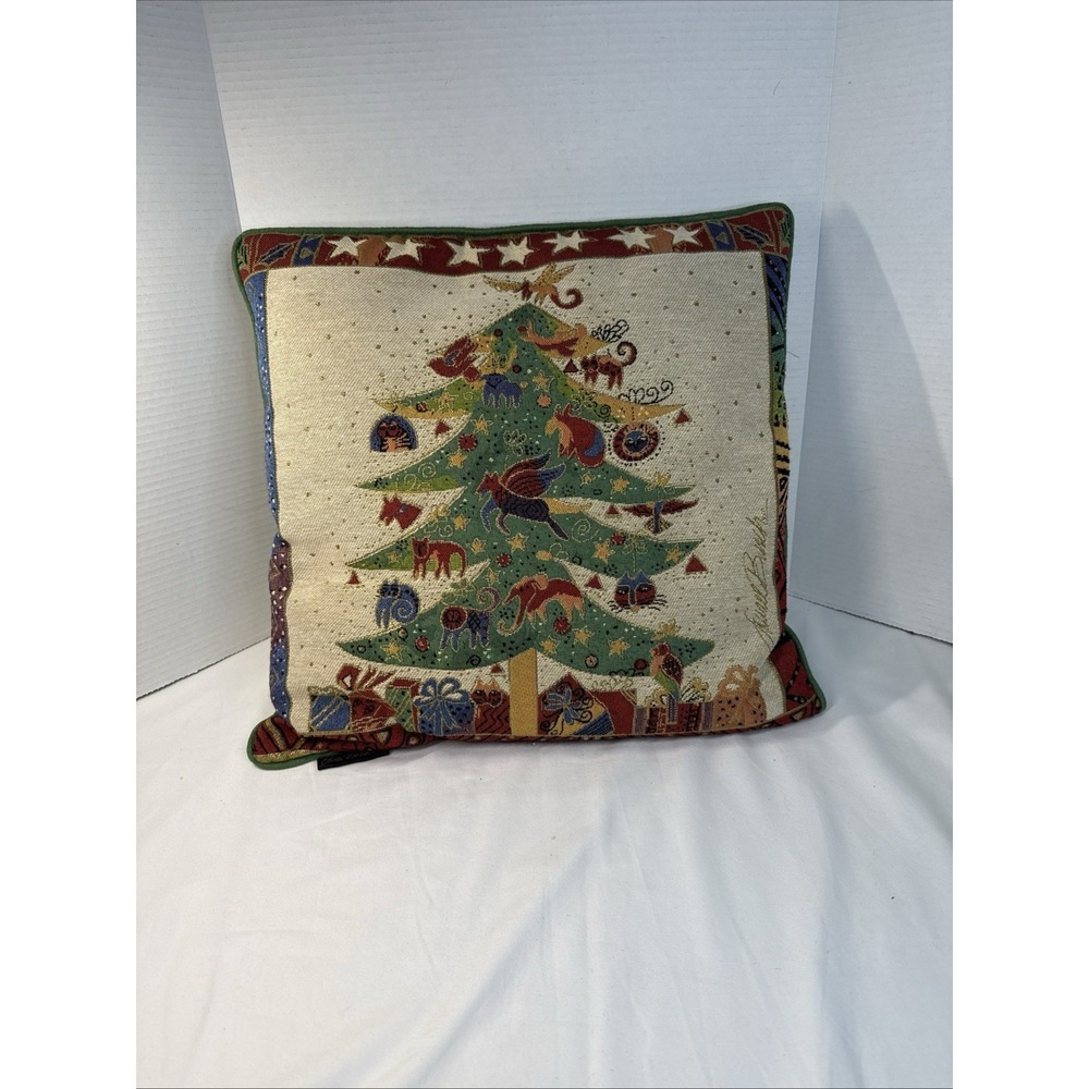 Laurel Burch Christmas Cat Tapestry Throw Pillow 18" Sq. Green Ultra Suede Back